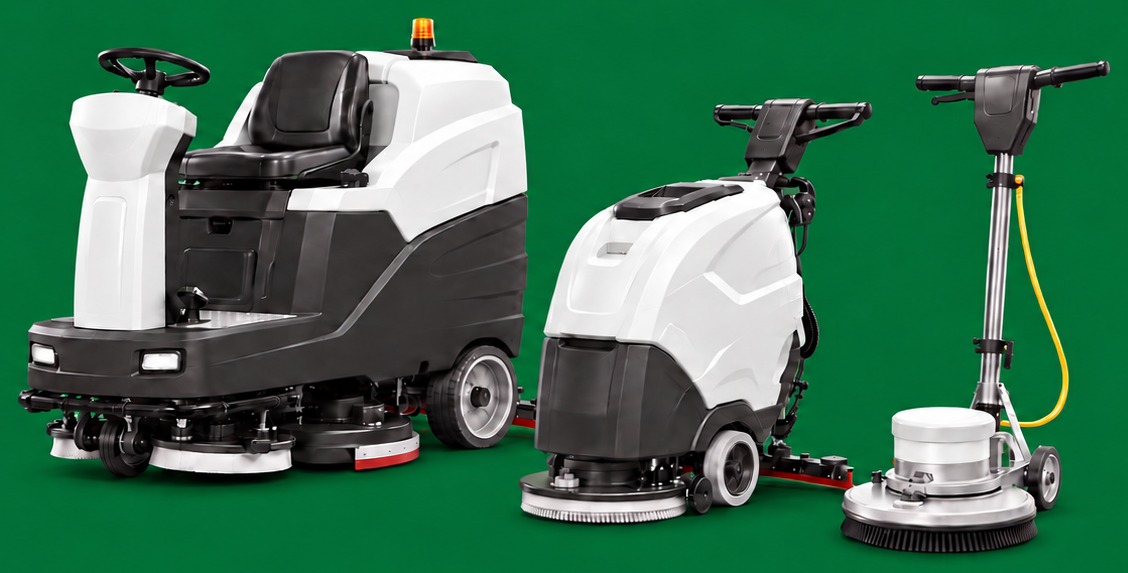 A ride-on scrubber dryer, a walk-behind scrubber and a single disc machine.