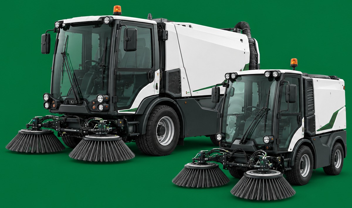 Two ET municipal street sweepers, a larger and a compact model, seen from the front.