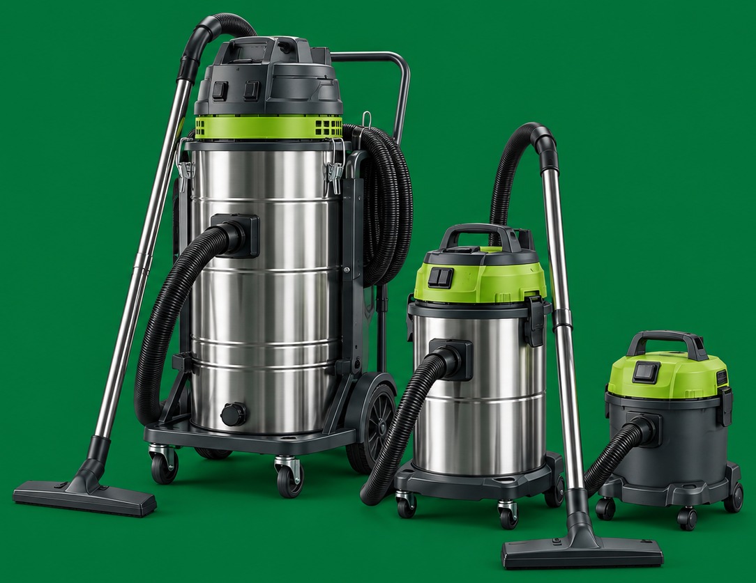 Three industrial wet and dry vacuums in stainless steel, largest to smallest.