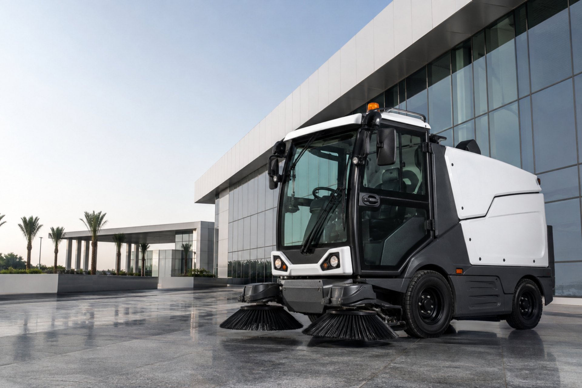 An ET road sweeper standing on a polished plaza outside a glass office building at dawn.